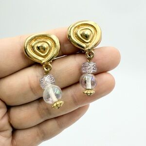 Vintage Gold Tone AURORA BOREALIS Crystal Beaded Dangle Clip Earrings